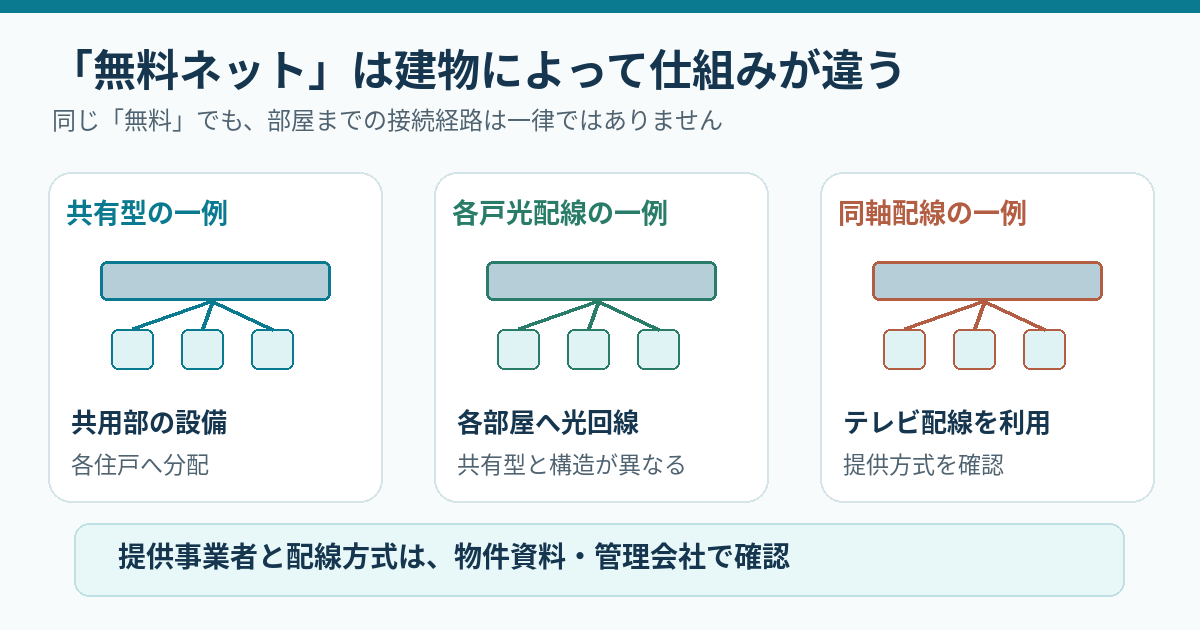 無料ネットの建物設備には共有配線・各戸光配線・同軸配線などの方式がある